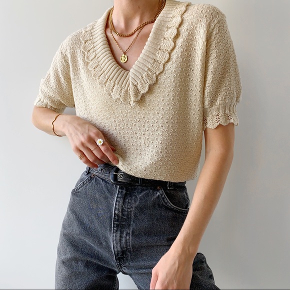 Vintage Tops - ‼️SOLD‼️ Vintage cottagecore ruffle collar detail crochet knitted blouse beige